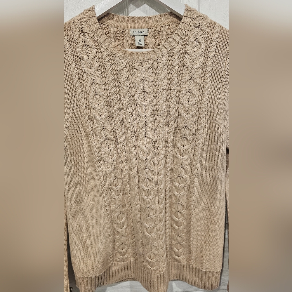 NWOT L.L. Bean Women's 100% Cotton Cable Knit Fisherman Tan Crewneck Sweater-M - Picture 3 of 10